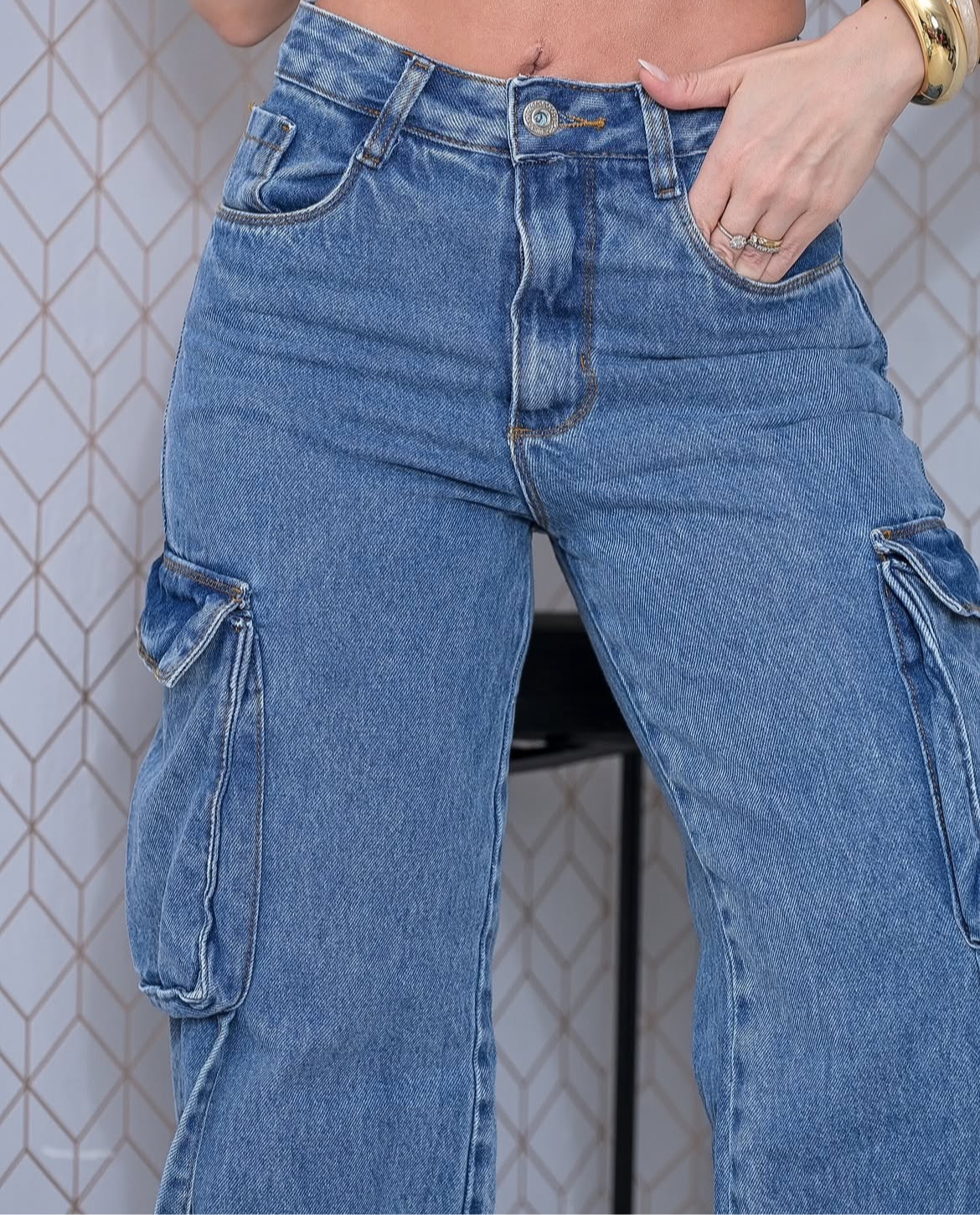 Calça Jeans feminina confortável estilo cargo  Premium