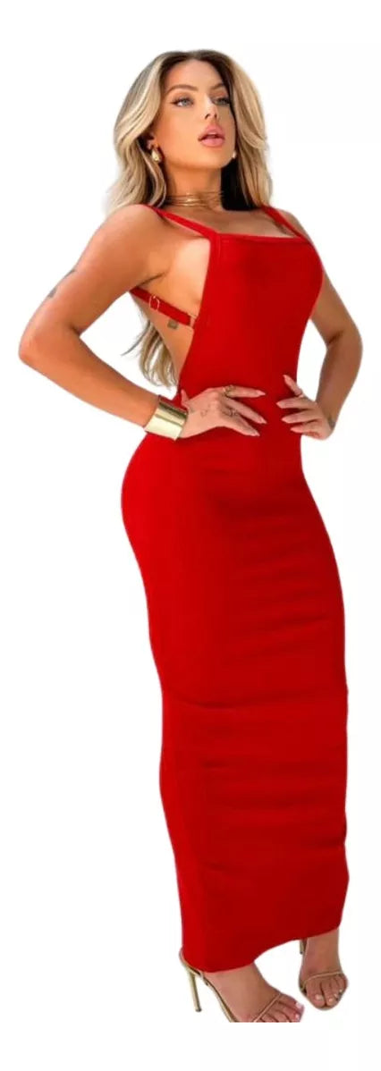 Vestido longo costas nua canelado modelado vermelho